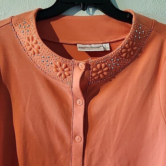 REBECCA MALONE Pink CORAL Floral BEADED BUTTON UP COTTON Cardigan L Summer Vibe - Picture 2 of 7